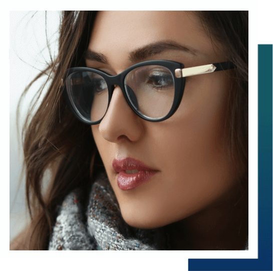 Woman wearing glasses for binocular vision dysfunction